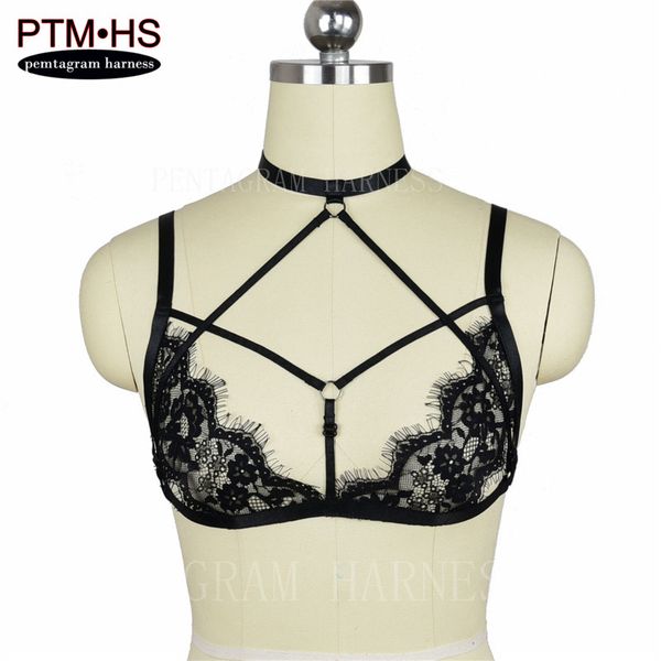

pentagram harness womens sheer lingerie body cage bralette black lace strappy bondage crop bustie erotic burlesque corset, Black;white