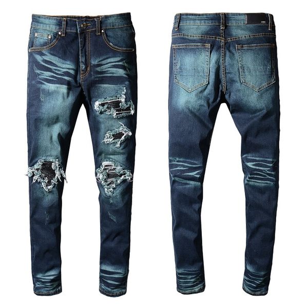 

spring autumn new mens designer motorcycle jeans fashion casual slim pants long embroidery zipper luxury jeans size 29-42, Blue
