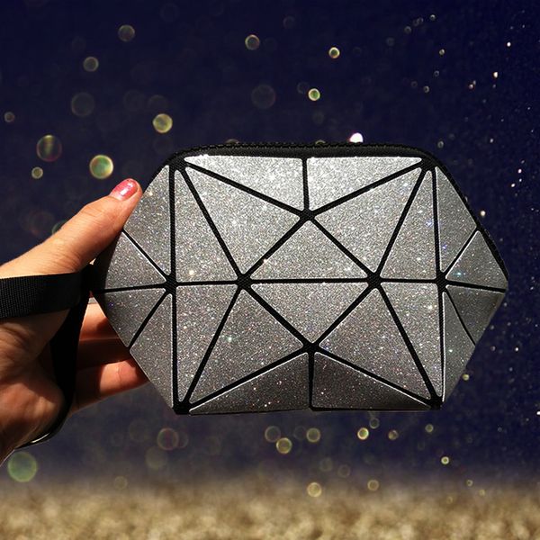 

makeup bags pu leather small clutch female with short strap cosmetic bag for travel geometric bag luminous color for women