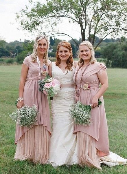 

vintage country bridesmaids dresses v neck short sleeves satin and tulle pleated plus size bridesmaid dress for wedding party, White;pink