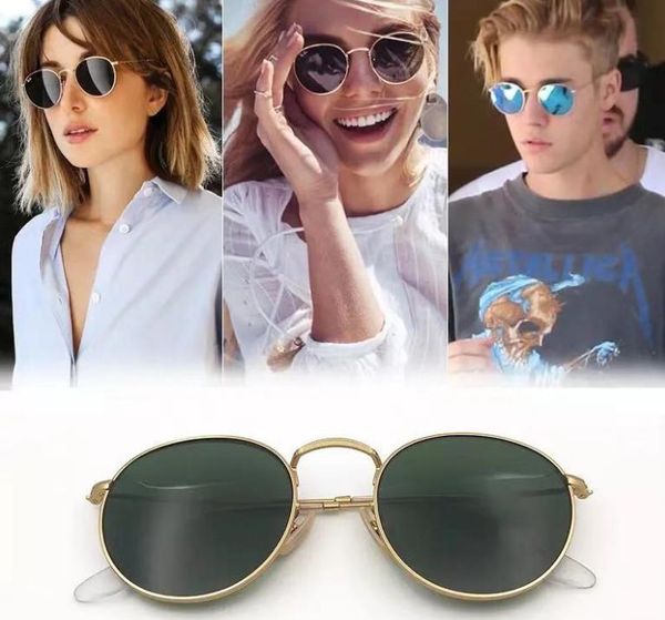 Flash Mirror Glaslinse Sonnenbrille Retro Runde Herren Damen Sonnenbrille Mode Sonnenbrille Metallrahmen Brille UV400 Brillen mit Originaletui