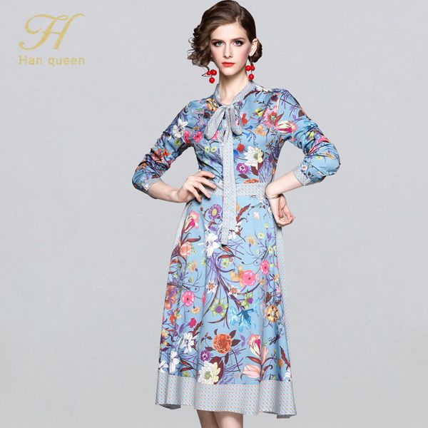 

h han queen new european runway print women dress long sleeve elegant bow vintage dress business casual office party dresses, Black;gray