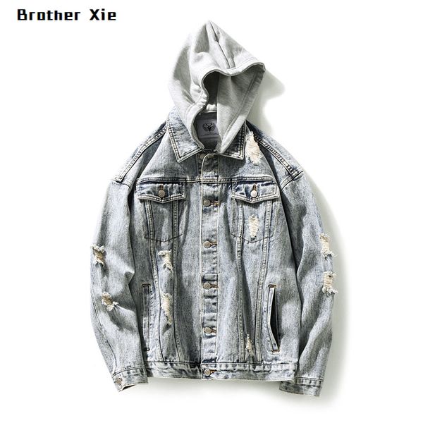 

autumn new denim jacket men fashion washed solid color casual hooded denim jacket man streetwear hip hop loose bomber, Black;brown