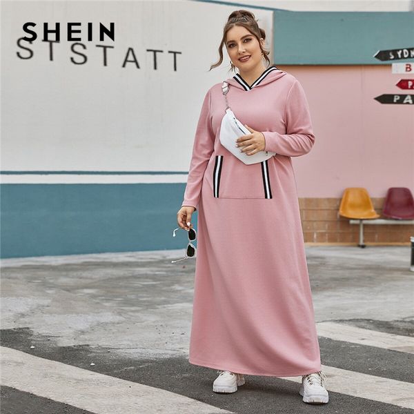 

shein plus size pink striped trim hooded tee dress without bag women spring long sleeve plus casual straight maxi dresses, Black;gray