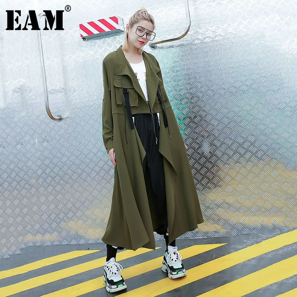 

eam] 2019 new autumn winter lapel long sleeve army green stitch pocket big size windbreaker women trench fashion tide jr589, Tan;black