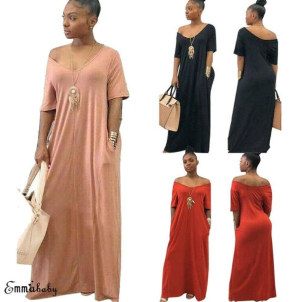 

oversize loose dress women summer off shoulder short sleeve long maxi dress evening party beach size s-3xl, Black;gray
