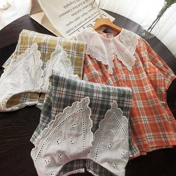 

small fresh sweet lace peter pan collar patchwork plaid female short sleeve shirt blouse, White