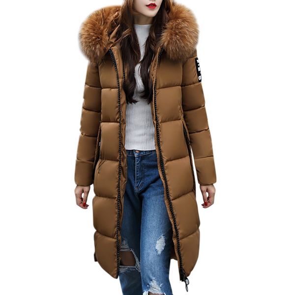 

women's mid-length large fur collar thick cotton jacket winter slim jacket down new warm loose fashion casual coat, Black