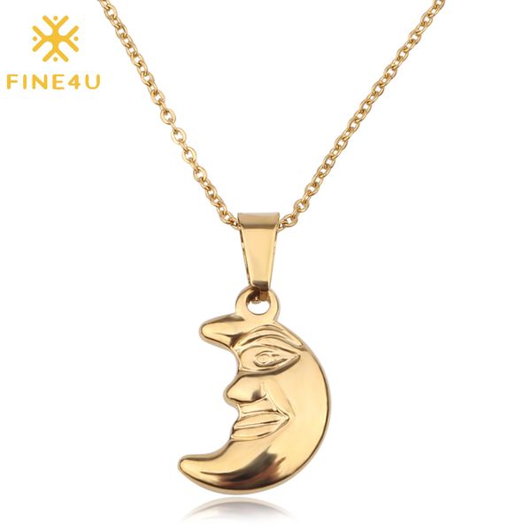 

fine4u n165 tiny moon face pendant necklaces for women stainless steel link chain necklace 2019 collier fashion jewelry, Silver