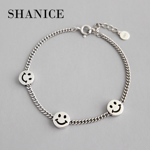 

shanice ins retro genuine 100% 925 sterling silver europe brand smile face design link chain bracelets woman wedding jewelry, Golden;silver