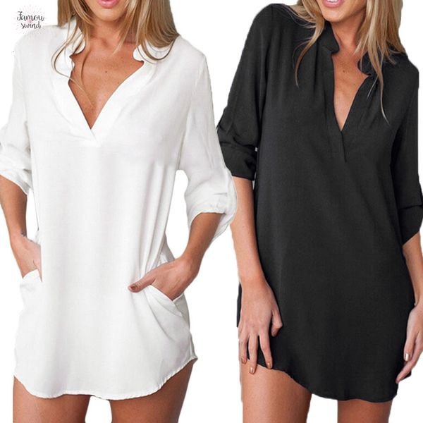 

plus blouse women size tunic chiffon long sleeve shirt v neck pockets roll up long sleeves asymmetrical loose 5xl shirt, White