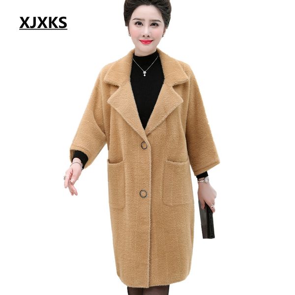 

xjxks woolen coat 2019 elegant oversized outerwear pocket long coats turn-down collar loose stripe furry cashmere women coat, Black