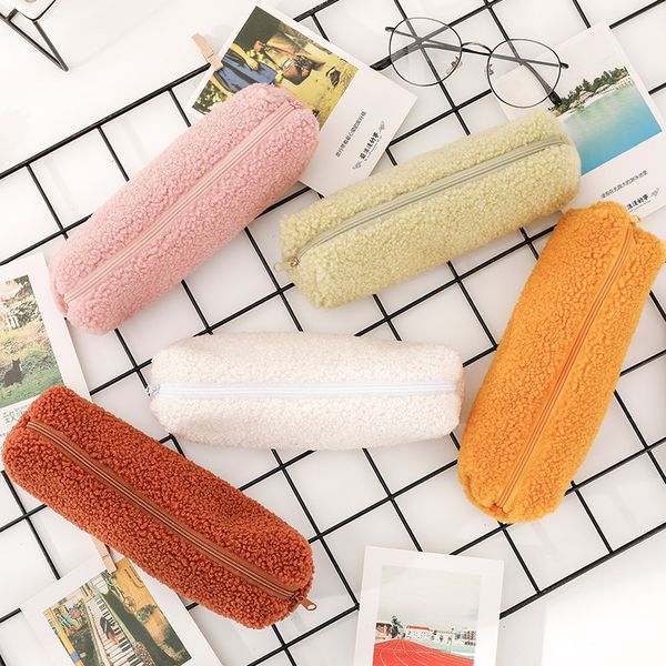 

pure color plush pencil case for student cute cosmetic bag pen bag stationery pouch box kids gift office supplies
