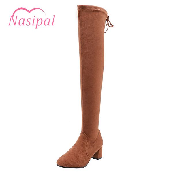 

nasipal flock leather women shoes thick heels fashion over the knee boots lace up thigh high boots elastic long botas mujer, Black