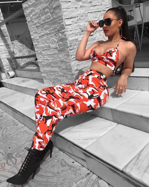 

2019 casual outfits tracksuit women camouflage print hollow out two piece set and pants ensemble femme dos piezas, White