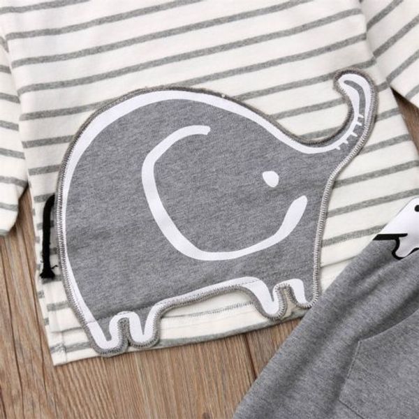 

cute newborn toddler baby boy girl clothes elephant striped t-shirt long sleeve pants casual outfit clothes set, White