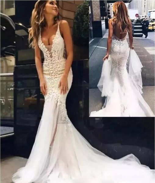 

pallas couture beach wedding dresses backless sheer deep v neck fishtail bridal gowns vestido de novia customized mermaid wedding dresses, White