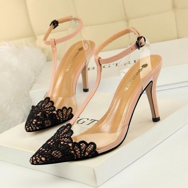 

korean-style evening transparent barefoot shoes fine with high heels lace pointed-toe t-strap sandals high heels, Black