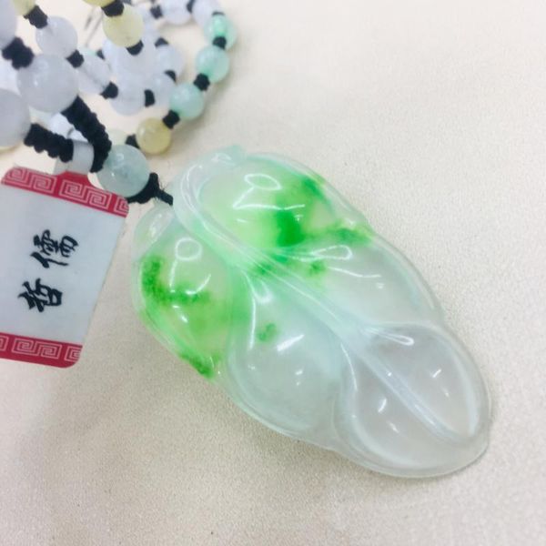 

натуральный бирманский изумруд нефрит резной дует зеленый лист кулон с изумрудным трехцветным бисером ожерелье свитер цепи, Silver