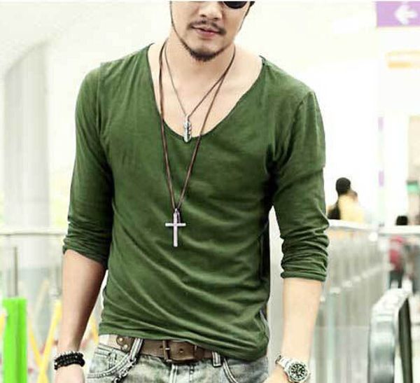 

pop2019 cotton trend slim v sleeve of lead shirt t male rendering long type garment tide solicitude for unlined show upper apaqm, Black