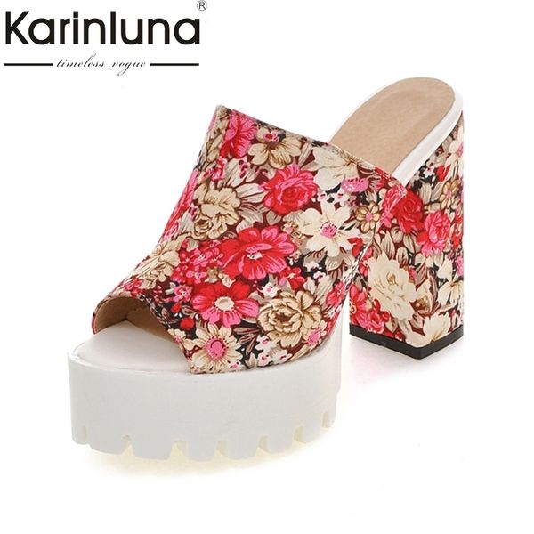 

karinluna brand new big size 32-43 flowers printing peep toe woman mules pumps platform fashion square high heel shoes women, Black