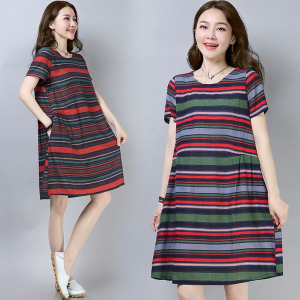 

полосатое платье woman summer 2019 с коротким рукавом и тонкой юбкой a-line easy досуг в longuette woman, White;black