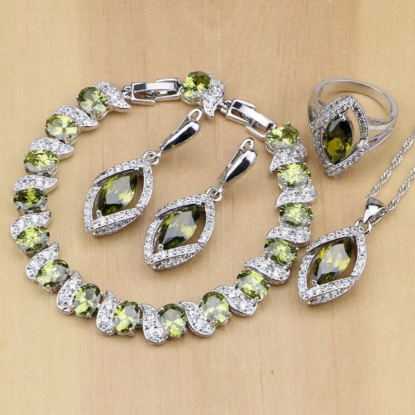 

925 sterling silver bridal jewelry natural olive green cz jewelry sets for women party earrings/pendant/necklace/rings/bracelet, Slivery;golden