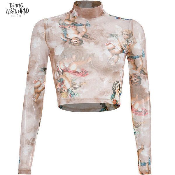 

2020 new arrival women petal sleeve girls mesh sheer crop long sleeve print bodycon cupid transparent t shirt tee, White