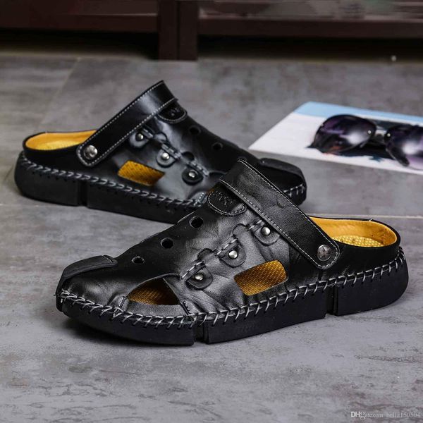 

genuine leather designer riveted sports luxury diamond brand male leisure sandals flip flops outdoor beach casual shoes slipper, Black