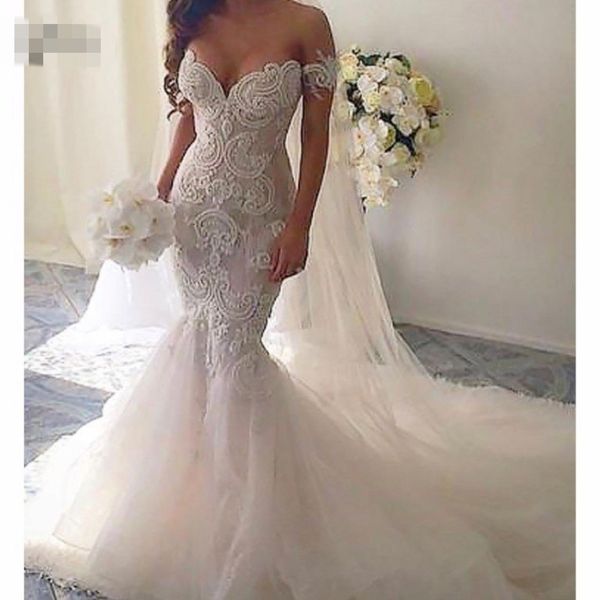

lace mermaid wedding dresses 2019 appliques sweetheart off the shoulder pus size fashion bridal gowns robe de mariee, White