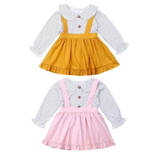 

2pcs/set newborn baby kids girl o-neck two-piece suite cotton countryside dots and ruffle suspender skirt suits, White