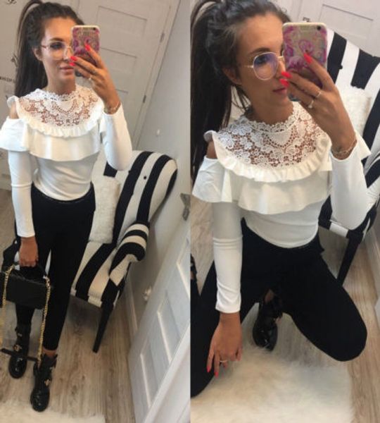 

2018 new women's loose long sleeve pullover t-shirt casual lace shirts t-shirt, White