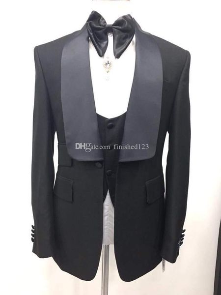 Immagine reale One Button Black Wedding Smoking dello sposo Scialle Risvolto Groomsmen Mens Dinner Blazer Suits (Jacket + Pants + Vest + Tie) NO: 1581