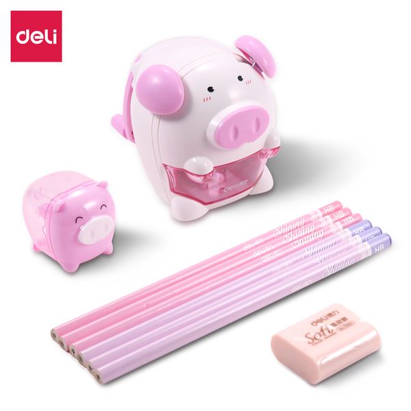 

deli pig animal school pupils stationery set spree 2 pencil sharpener +6 pencils + eraser total 9 piece set pink and blue 68900