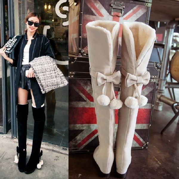 

2019 winter wedges high boots women thigh high boots female over the knee cotton shoes thicken plush inner with fur ball black