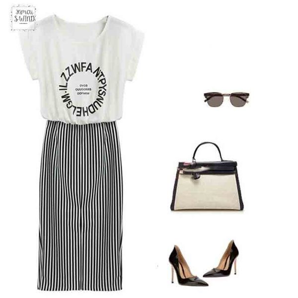 

2 в печати женщин цельный письмо полосатый блуза платье midi с коротким рукавом bodycon длинные платья дизайнер одежды, Black;gray