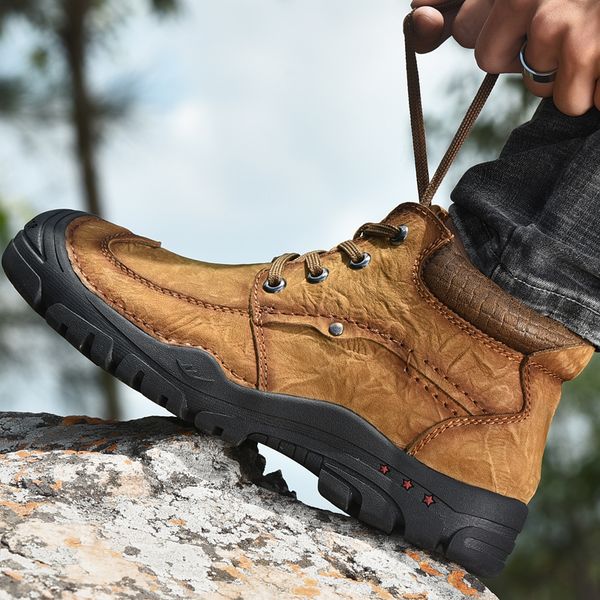 

outdoor genuine leather men boots fashion man shoes with fur male winter boots warm snow waterproof work, Black