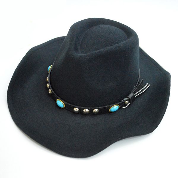 

woolen western cowboy hats with jewel belt buckle fashion autumn winter wide brim fedoras hats caps for men women, Blue;gray