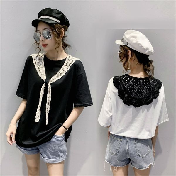 

2020 loose western style personalized black short-sleeved female fashion 2020 lace loose western style personalized t-shirt lace bla, White