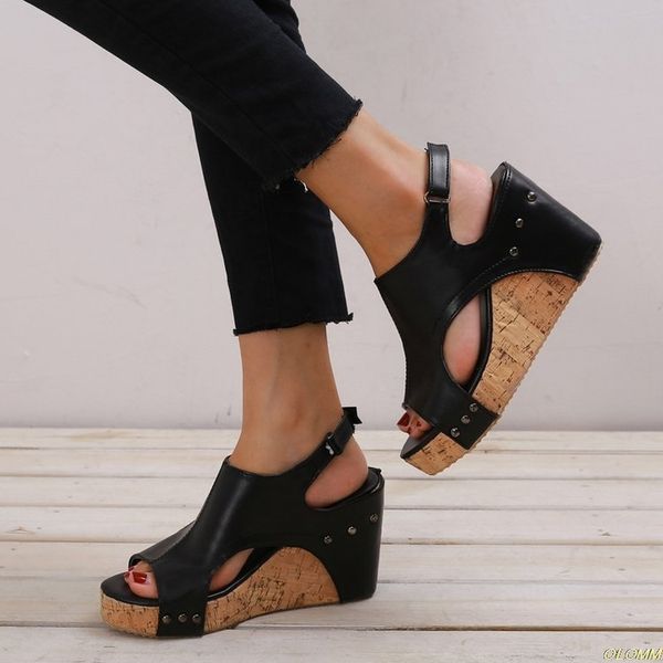

2019 new fashion shoes sandals casual women fish mouth platform high heels sandals slope slippers slip-on shoes, Black