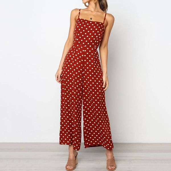 

women sleeveless summer rompers 2020 loose dot printed long playsuits ladies jumpsuits femme dot printed overalls s-xl, Black;white