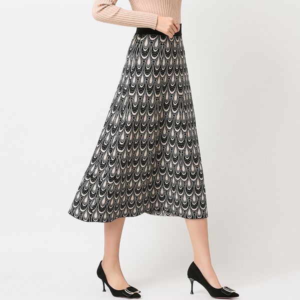 

women's autumn winter skirt knit peacock pattern european high waist skirts woman knitting falda female good quality ls217, Black