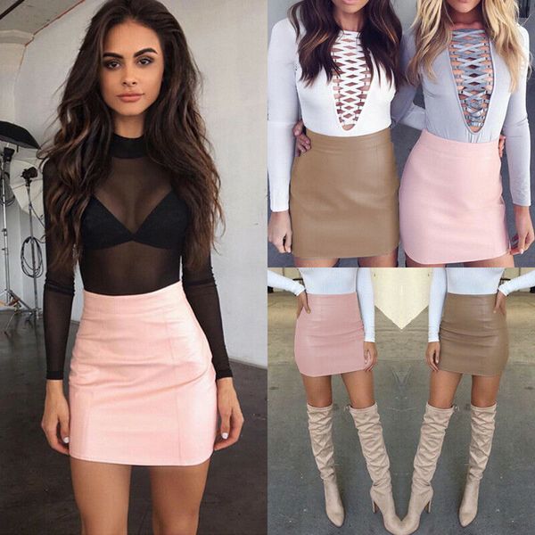 

womens bandage leather high waist pencil bodycon hip short mini skirt dress, Black