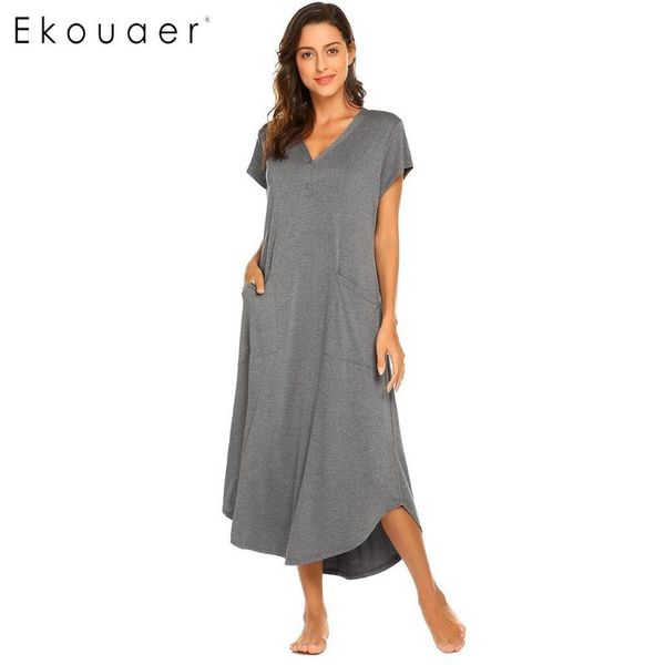 

ekouaer women long nightdress chemise nightgown v-neck short sleeve solid loose button pockets sleepwear night dress, Black;red