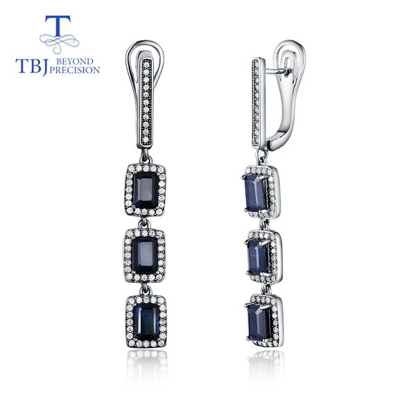 

new long style clasp earring with natural black sapphire precious gemstone emerald cut jewelry 925 sterling silver for women, Golden;silver