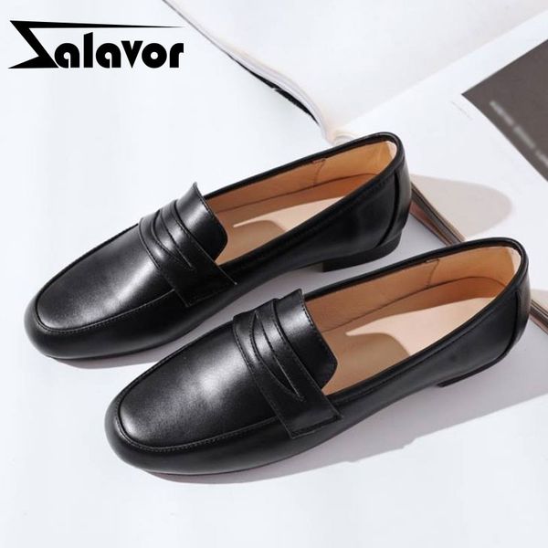 

zalavor real leather flats shoes for women new fashion round toe spring lazy shoes women comfort loafers footwear size 33-40, Black