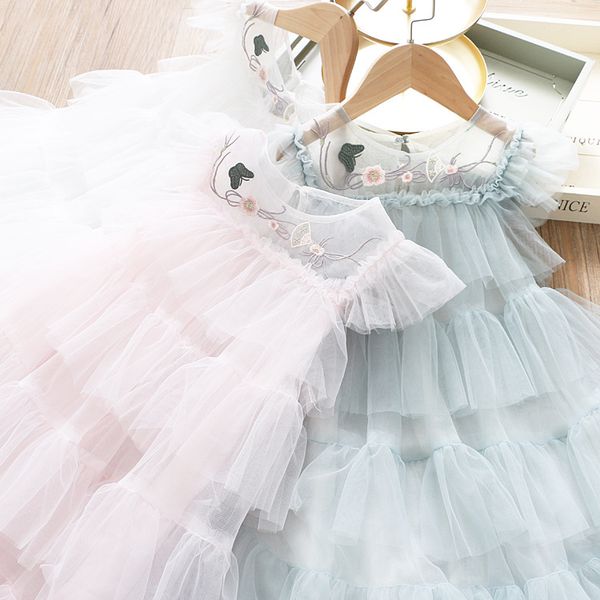 

2020 summer girl's embroidered neckline mesh cake vest dress, Red;yellow