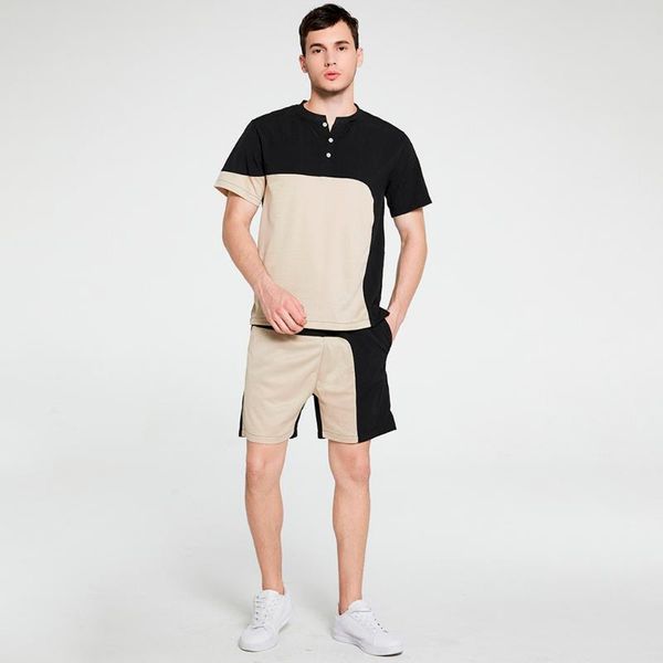 

summer sport suit men's sets t shirt+shorts two pieces sets casual tracksuit o-neck patchwork sportswear sweatsuit tracksuit men, Gray