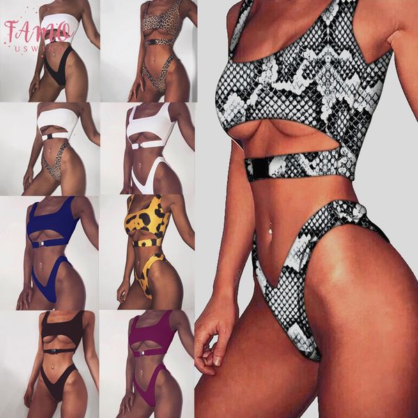 

women swimwear 2 piece leoprard bikini push up snake print bikini buckle high waist swimsuit bathing suit women monokini, White;black