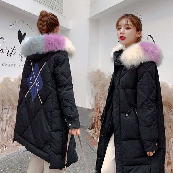 

p shoot south korea dongdaemun autumn and winter new style friend down jacket women's loose-fit color fur collar cotton, Blue;black